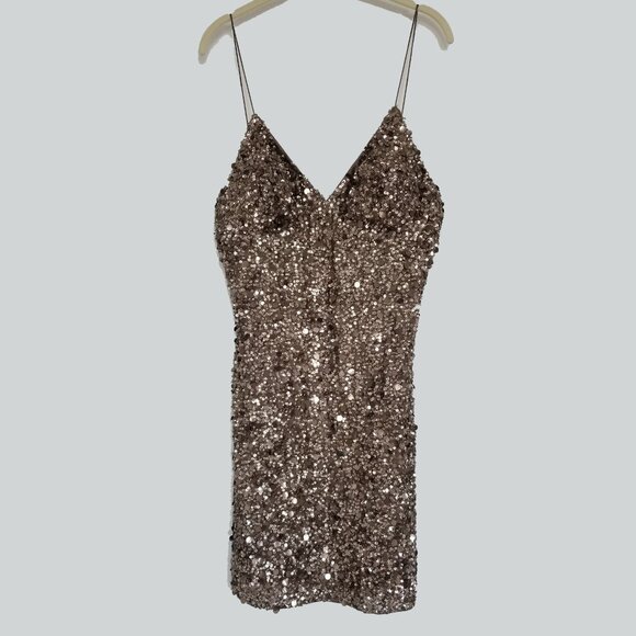 CACHE Bronze Silk All-Over Sequins Cocktail Dress Sz 12 - Picture 2 of 8